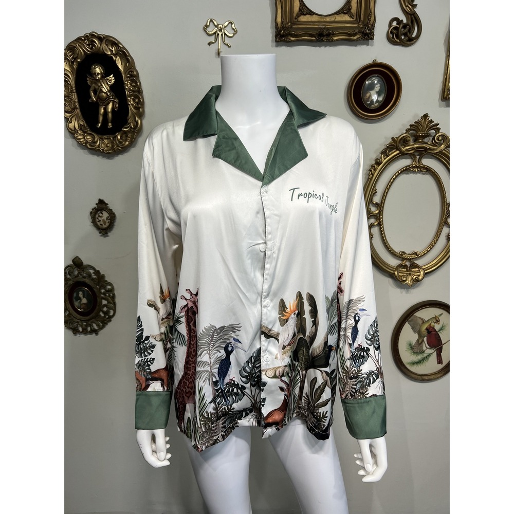 Liffner Ladder Tropical Jungle Satin Pajama Top Shirt Ivory Green Size Medium